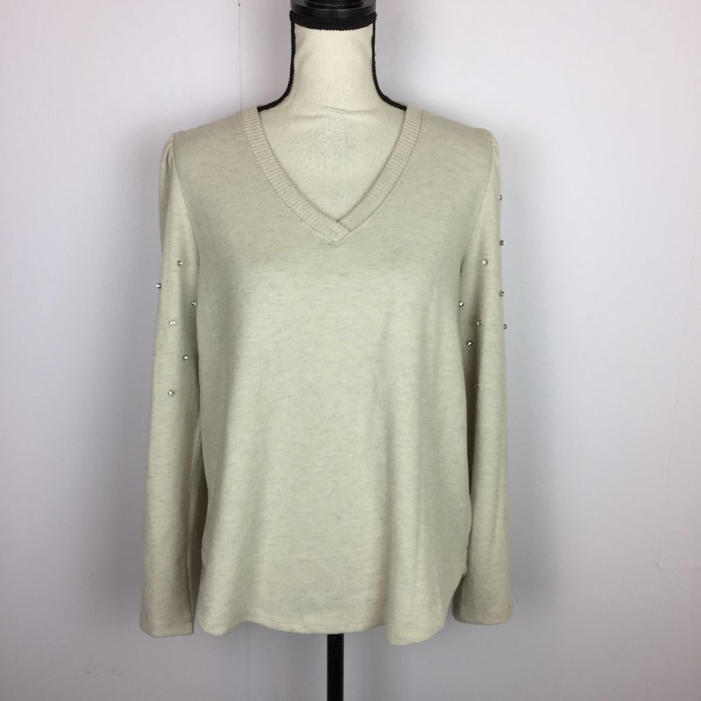 New! Democracy Sweater Size L Womans Ivory Cream Puff Sleeve V-Neck Rhinestones